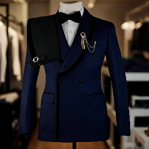 Navy Wedding Suits for Men 2 Pieces Double Breasted Groom Tuxedo Formal Shawl Lapel Custom Male Clothing Plaid Jacket Solid Pant