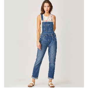 Women's Light Wash Denim Overalls High Relaxed Straight-Leg Jumpsuit Adjustable Strap Button Detail Cuffed Cropped Fit Summer